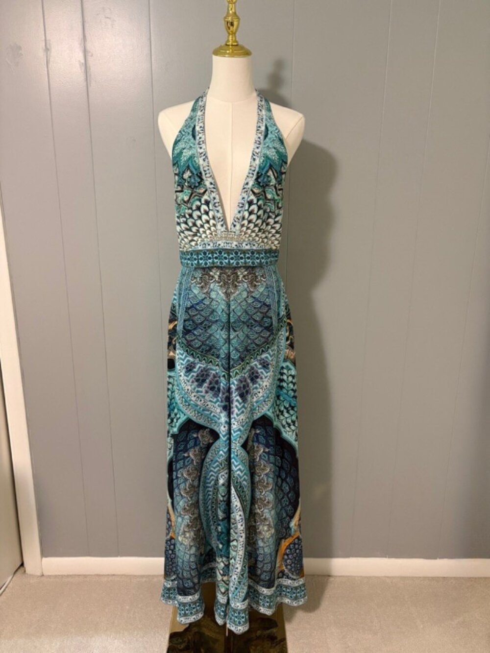 CAMILLA Turn on the Charm Blue Silk Tie Neck Halter Wide Leg Jumpsuit Crystal XS - Picture 2 of 16